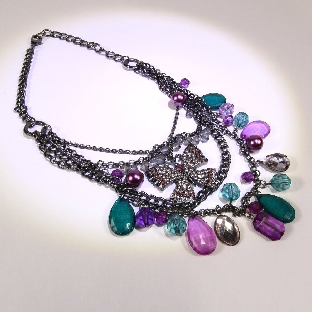 Gunmetal Tone Butterfly Necklace with Multi-Strands of Colorful Rhinestones